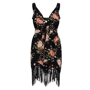 PLT black floral tassel hem midi dress